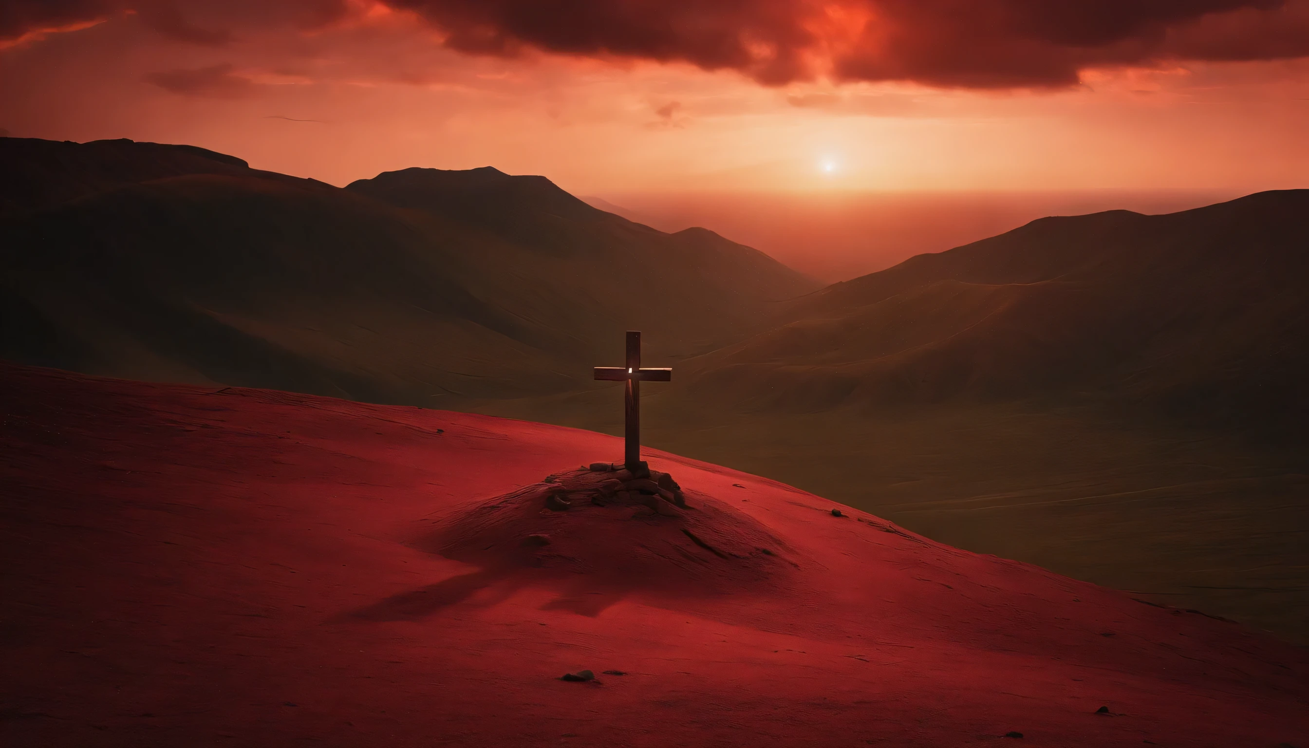 create a high-quality, eye-catching image of a cross on a deserted place of red, battered earth and at the foot of the cross a person kneeling