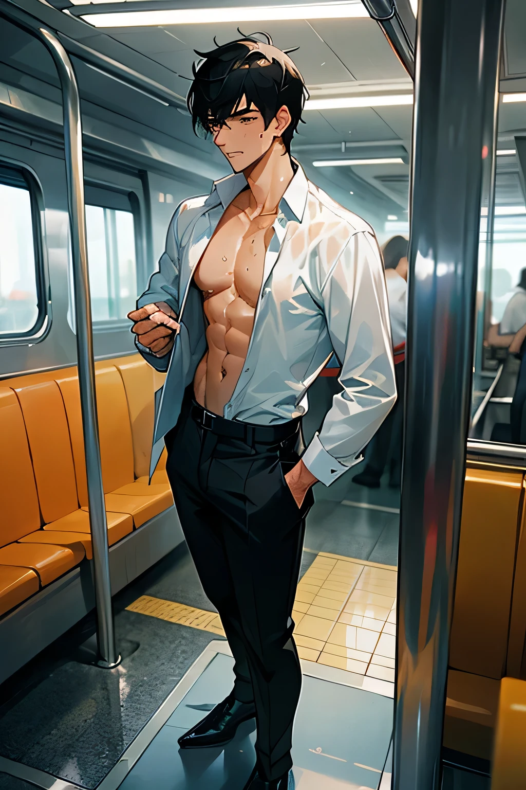 shirtless handsome manly short black hair caucasian male in open white long-sleeved shirt, the shirt is not not tucked in,the shirt is sweat-drenched, soaking wet, drenched with sweat, black pants, black leather shoes, holding a heavy briefcase on the right hand, sweating profusely, exhausted, standing inside the train, the train is crowded with people and passengers