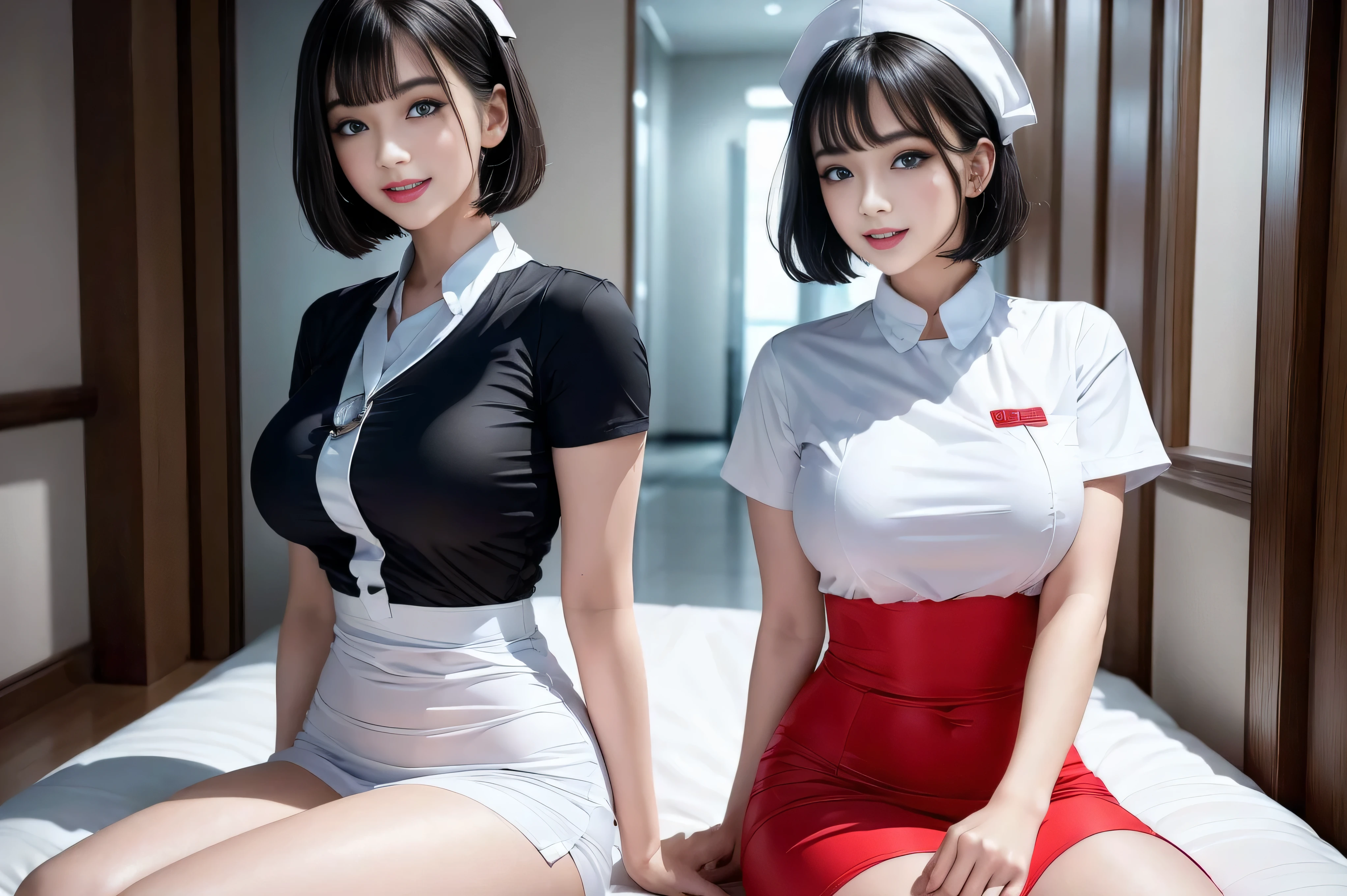 (3 Ultimate Beauty Nurse)、{{{masterpiece}}}， {Oh oh oh, Oh, really：1.2}， best quality， Official Art， Highly detailed CG Unity 8k wallpaper， Very rich facial details、Delicate lips、Delicate eyes、Double eyelids、((black bob hair))、(Nurse:1.3)、(Attractive figure)、(huge)、（（Open mouth smile： 1.8， Lovely smile： 1.8））， solo， Short hair details， Energetic smile， blue eyes，With eyes_Tokar， {Beautiful detailed gradient eyes}， Red lips，thigh, thigh, thigh, Perfect fit, Perfect ImageReality, Background and: (Hospital Ward:1.2), Cow Boy Shooting, Detailed background, Detailed clothing, Wear a nurse hat，Wear Nurse Clothes，Perfect lighting、Surreal、(Reality:1.4)、8K maximum resolution, (masterpiece), Very detailed content, professional，