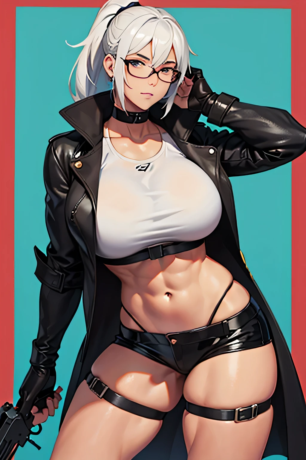1 girl, wearing glasses, strong body, huge thighs, wearing black leather overcoat, holding two guns, white hair, tied hair