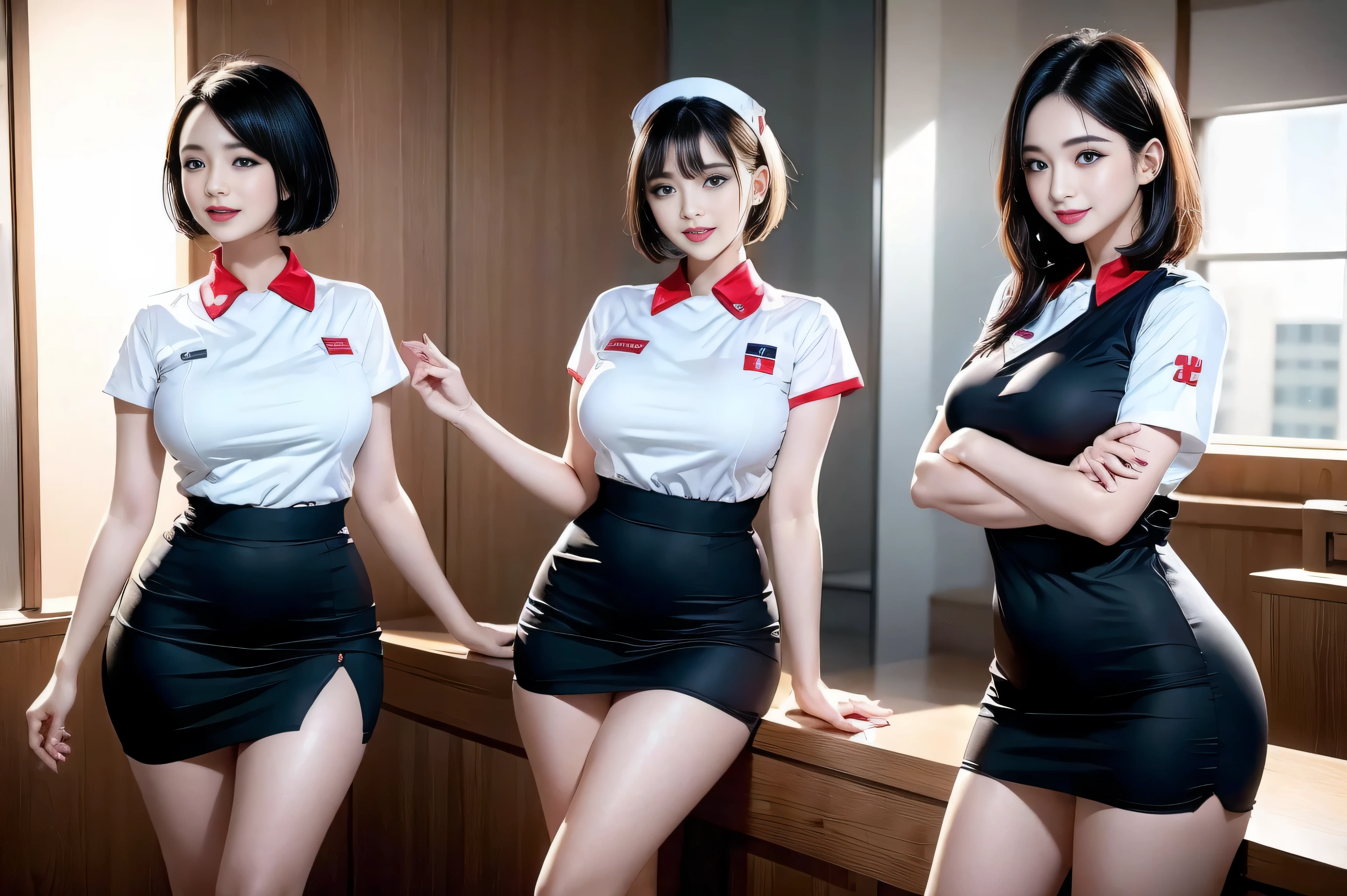 (3 Ultimate Beauty Nurse)、{{{masterpiece}}}, {Oh oh oh, Oh, really:1.2}, best quality, Official Art, Highly detailed CG Unity 8k wallpaper, Very rich facial details、Delicate lips、Delicate eyes、Double eyelids、((black bob hair))、(Nurse:1.3)、(Attractive figure)、(huge)、((Open mouth smile: 1.8, Lovely smile: 1.8)), solo, Short hair details, Energetic smile, blue eyes,With eyes_Tokar, {Beautiful detailed gradient eyes}, Red lips,thigh, thigh, thigh, Perfect fit, Perfect ImageReality, Background and: (Hospital Ward:1.2), Cow Boy Shooting, Detailed background, Detailed clothing, Wear a nurse hat,Wear Nurse Clothes,Perfect lighting、Surreal、(Reality:1.4)、8K maximum resolution, (masterpiece), Very detailed content, professional,