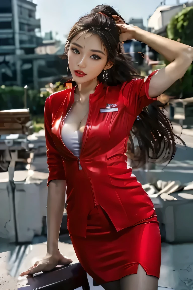 air asia uniform、Unzipped red jacket、AirAsia's red jacket、Red tight mini skirt、Long, flowing hair、AirAsia uniform white shirt unbuttoned、Big breasts showing through the cleavage of AirAsia uniform shirt、Long hair that reaches down to the legs、She has very long, flowing hair that reaches down to her legs.、Dark brown hair