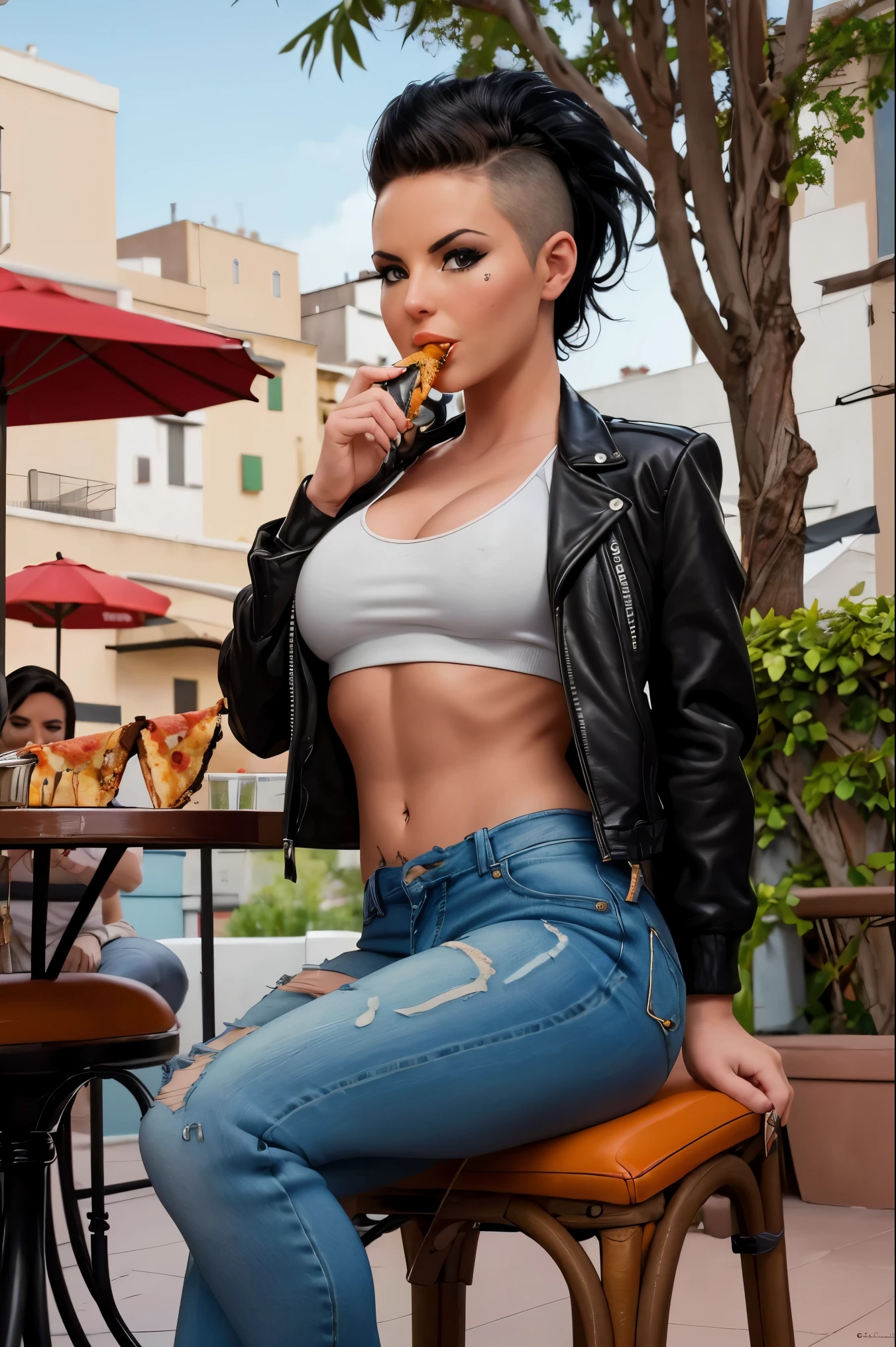 film photo ChristyMackQuiron woman, peinado Mohawk, mohawk hair, black hair, pelo negro, realista, a woman Shot putwearing a crop top and tight jeans eating pizza on a restaurant terrace, short crop top, ahort black leather jacket, chaqueta de cuero negro corta, vaqueros apretados, heels, tacones , de buen tono, 35mm photography, Movie, bokeh, profesional, 4k, muy detallado, Las Vegas, restaurant, terrace with ivy decirarion, ivy roof, ivy with electic light, classy terrace, italian restaurant, ivy decoration, cubierta de hiedra, sit on chair, restaurant table, comiendo pizza