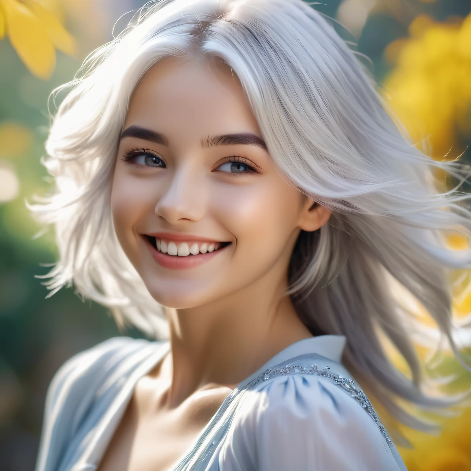 Beautiful 8K Ultra HD professional photos, Sharp focus, In a stunning fantasy world, Cute silver-haired girl, A joyful smile, In bright natural light