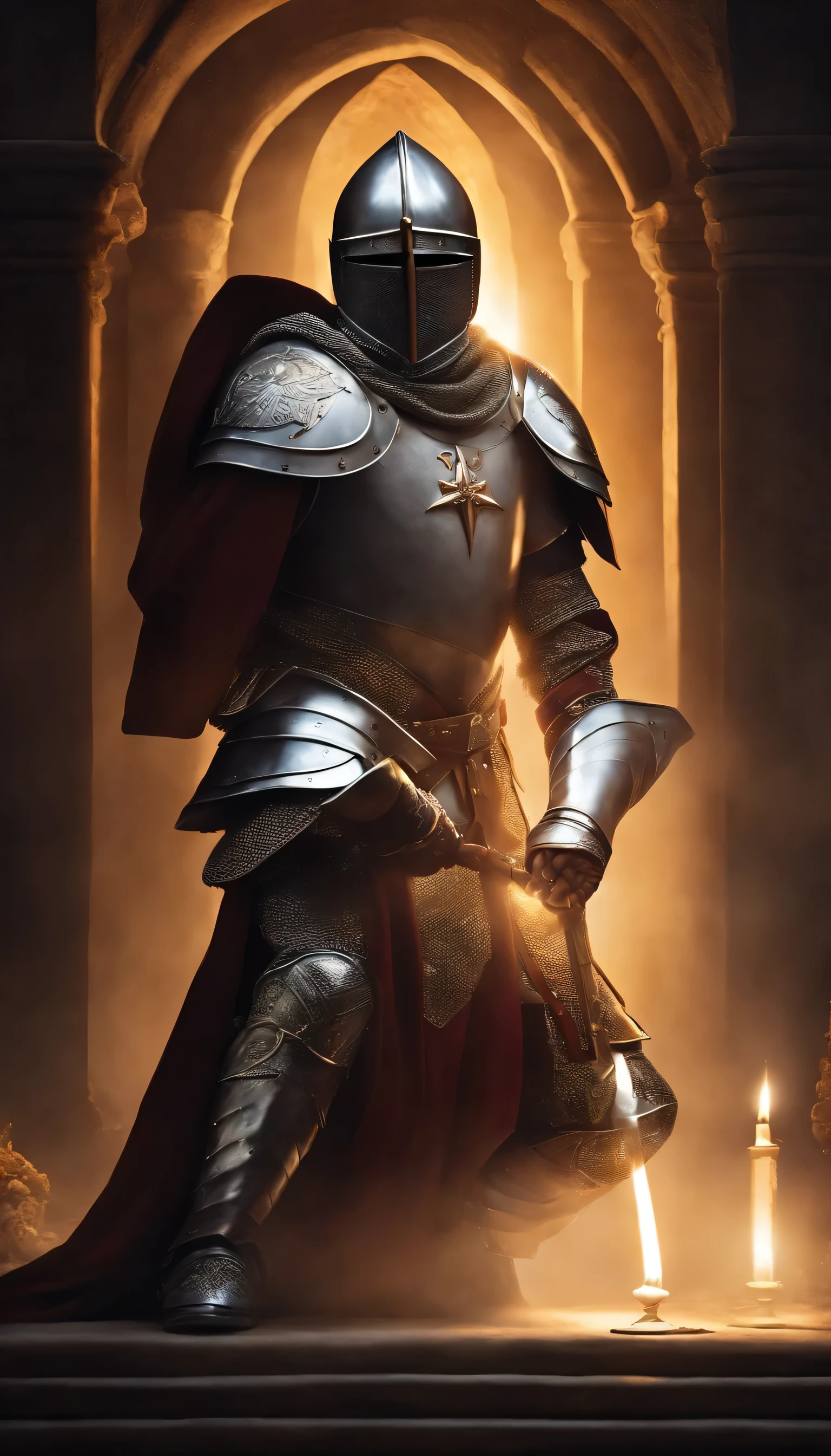 The image shows a Knight Templar kneeling in prayer, surrounded by a circle of light. El caballero lleva una armadura completa, but his helmet is off, Revelando tu rostro. He is looking at the sky, con una mirada de paz y confianza en su rostro.