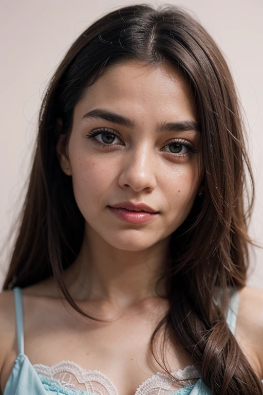 a close up of a woman in a pink dress and a blue background, closeup - view, above view, ethnic, face, powerful detail, joyful look, close up half body shot, closeup portrait shot, subtle details, close up details, close - up view, close-up view, innocent look, highest detail, wearing intricate, full of details