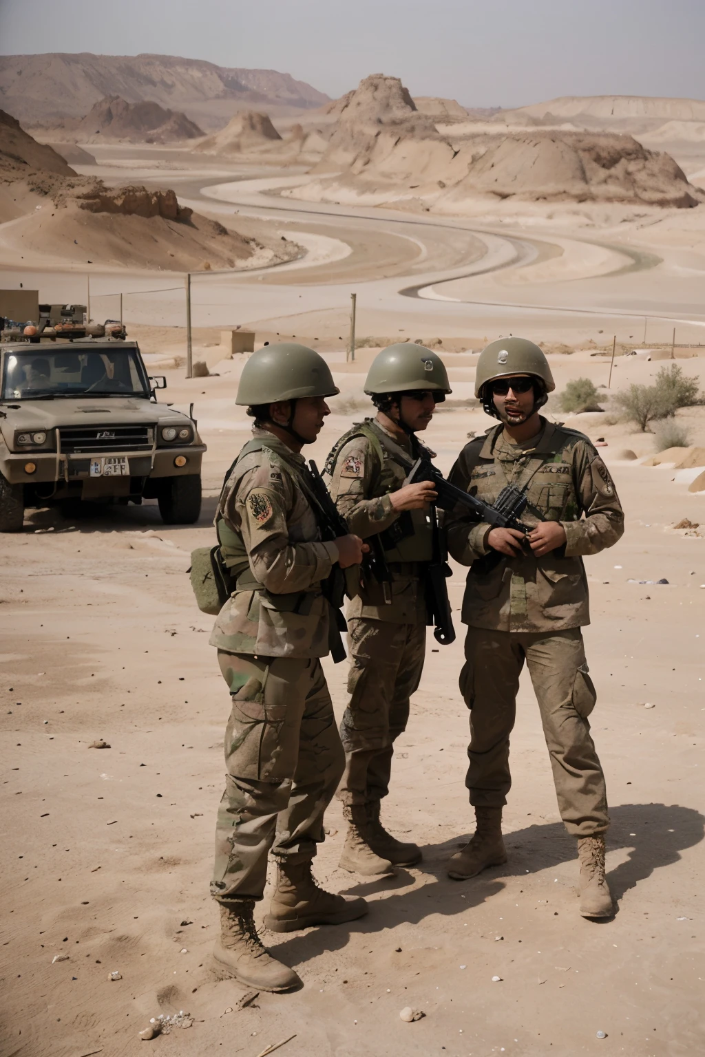In the harsh (((desert landscape))) of the 1990 Iraqi Desert Storm, a group of (((soldiers))) gathered around a makeshift camp, the protagonist, without a helmet, pointing towards a map, M1 tanks looming in the (((distant background))), the sand and dust swirling around them