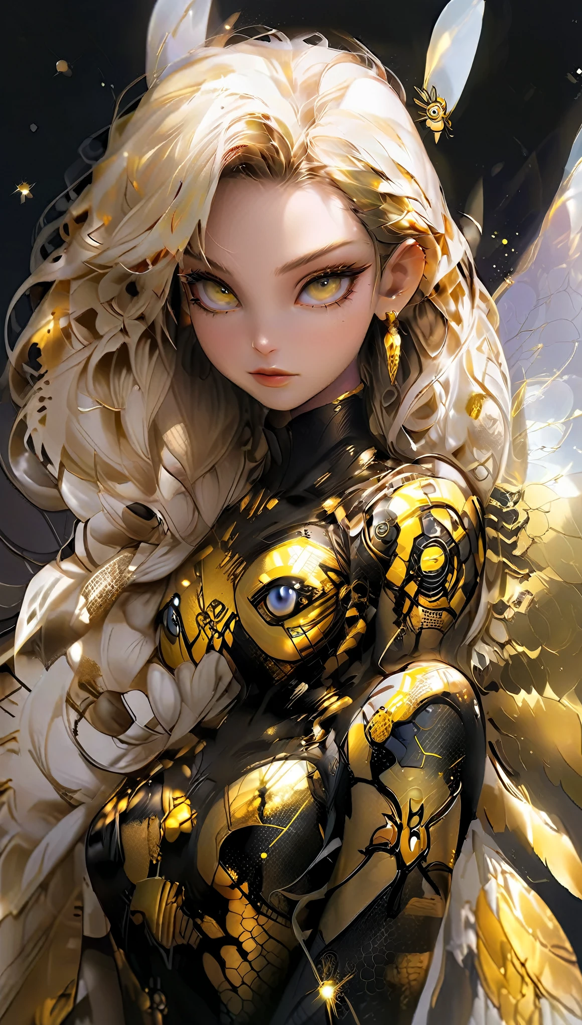 stunning and seductive pin-up style illustration in the spirit of anime, featuring a confident and curvaceous bee-girl with blonde hair and a unique twist. Emphasize her powerful physique, with muscular thighs and a toned abdomen, accentuated by her animal-themed outfit. Her most striking features include her voluminous blonde hair, glowing with golden highlights, and her large, captivating eyes with a hint of honey-like sparkle. Imagine her posing seductively, showcasing her ample assets, including her prominent breasts and thick thighs, while donning a creative blend of bee-inspired attire, perhaps with translucent wings and a playful stinger. The color palette should be warm and inviting, with soft golden hues and pops of amber and yellow, reflecting the essence of honey and sunshine. The lighting should be soft and flattering, creating a dreamy and ethereal atmosphere. This bee-girl embodies both strength and sensuality, captivating viewers with her unique blend of animalistic charm and anime allure."