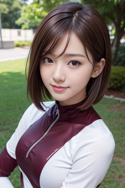 medium shot、cute japanese college student、21 years old、One person is standing、Super detailed face、Attention to detail、double eyelid、Beautiful thin nose、D cup breasts、Sharp focus:1.2、Beautiful woman:1.4、(Maroon brown hair、Short Hair)、（Detailed facial features）、Brunette eyes、natural bangs、White skin、highest quality、masterpiece、超A high resolution、(Photorealistic:1.4)、Highly detailed and professionally lit smile、looking at the camera、Medium Bob Hair、Bright lighting、Professional Lighting、Smooth lighting、(Cool long sleeve cycling jersey), (Very Short Spats)、（Outdoor）、