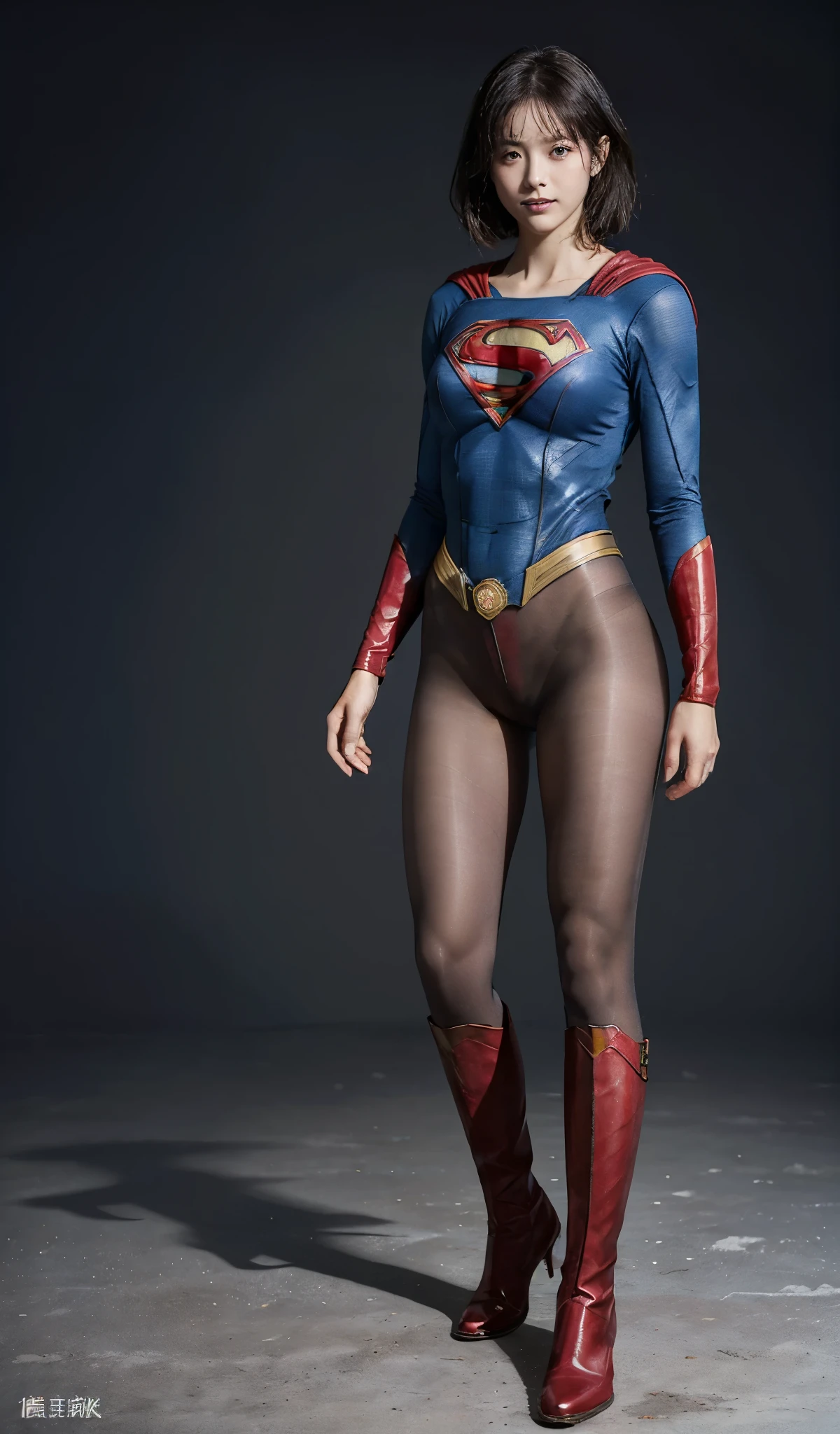 No background、(((Beautiful legs in black tights.)))、(((Legally express the beauty of your smile)))、((((Make the most of your original images)))、(((Supergirl Costume)))、(((beautiful short bob hair)))、(((suffering)))、(((Please wear black tights....、Wear red boots)))、((Best image quality、8K))、((highest quality、8K、masterpiece:1.3))、(((keep background )))、Sharp focus:1.2、Beautiful woman with perfect figure:1.4、Thin abdominal muscles:1.2、Wet body:1.5、Highly detailed face and skin texture、8K