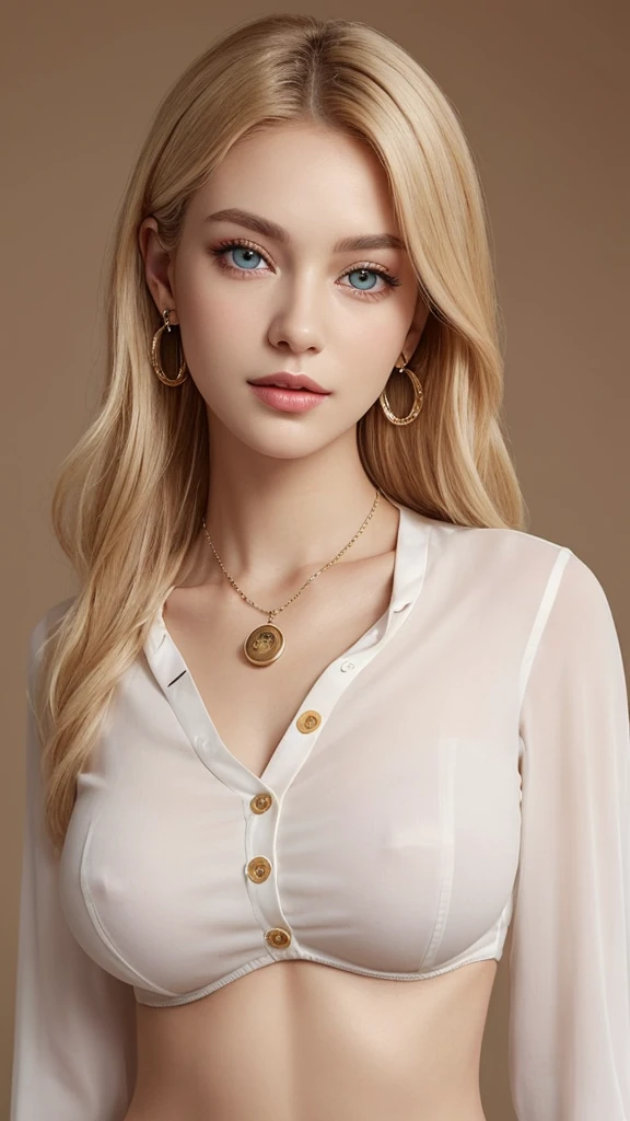 1 29 year old blonde woman with long hair posing for a picture, Beautiful blonde woman, beautiful blonde woman, blonde and attractive features, Beautiful, well-cared for blonde, 8K Soft Portrait, Smooth blond woman, top model, (Beautiful adult woman with big breasts:1.2, breast enhancement), (Blonde Swedish woman), ((Blonde eyebrows)), Glossy long blonde hair, ((amber color eyes brillantes)), (pupils are open), (Thick lips), ((upper body photo:1.1)), (A person in the center left and right, The whole head is shown), (White button blouse:1.4), (A very simple necklace and very simple earrings), Perfect Makeup