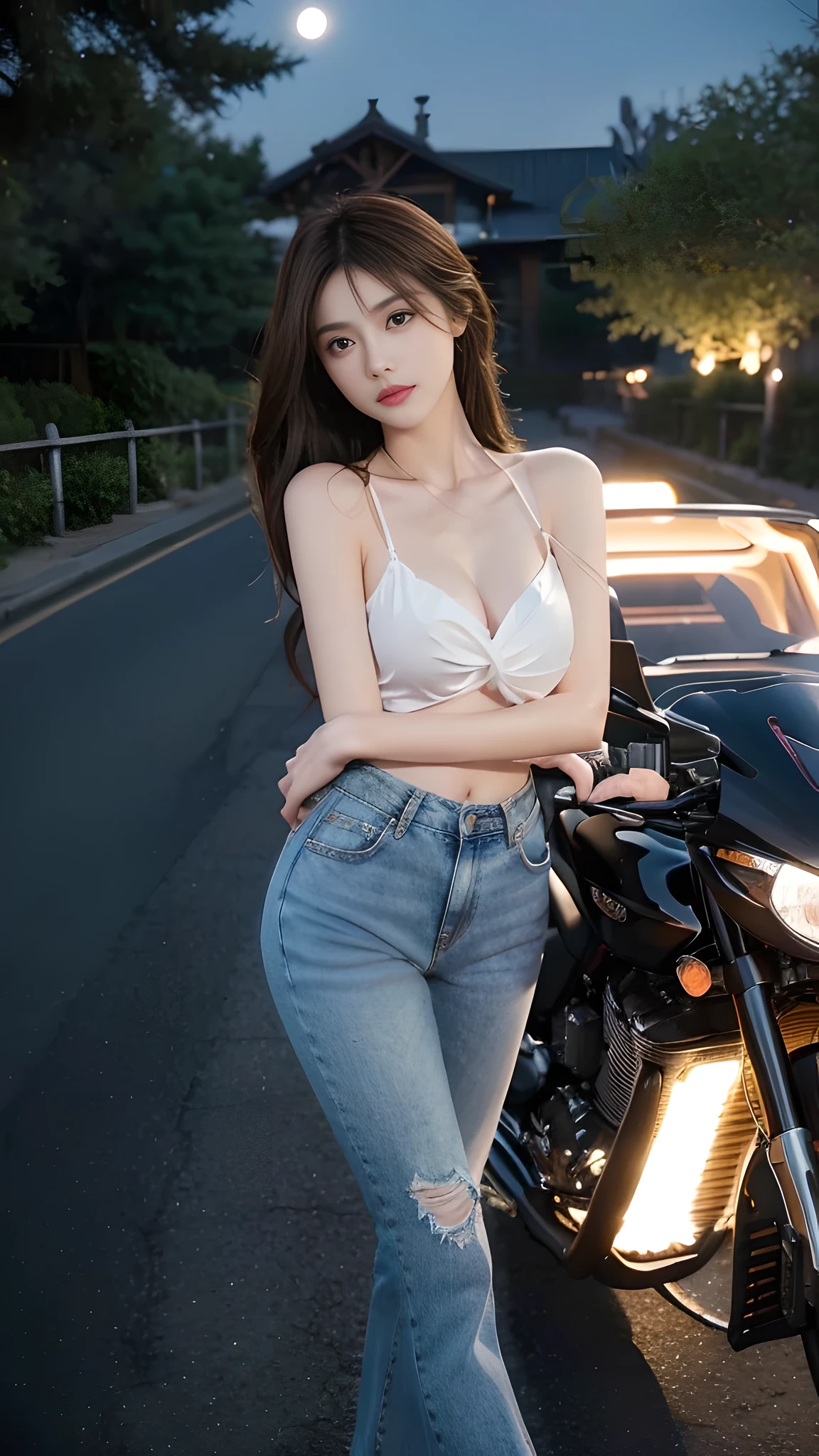 full hd 8k, Girl standing in front of a dark night scene, full moonlight reflecting on her beautiful face. Her long, silky hair was gently blown by the night wind, creating a gentle and romantic feeling. Next to her is a large displacement motorbike, showing her success and class. She looked up at the starry sky, as if searching for something, her eyes showing thoughtfulness and loneliness. The full moon shines in the night sky creating a beautiful scene. The girl has long, silky hair, creating a luxurious and noble beauty. The moonlight shines on the girl's delicate face, highlighting her large, round light brown eyes, creating a natural, gentle beauty. She wore a shirt and short jeans, showing off her seductive and luxurious beauty. Her plumble breasts were exposed, revealing her plumble and extremely sexy breasts. These images capture detailed panoramic portraits and views of the sky and motorcycles. All create a beautiful, wonderful picture that makes people unable to take their eyes off the scene. All of these details are depicted clearly and sharply,