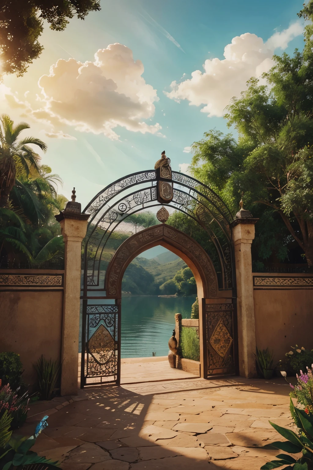 Maroco Gate with Nature Background, Illustration, Peacock, bird in the cloud 