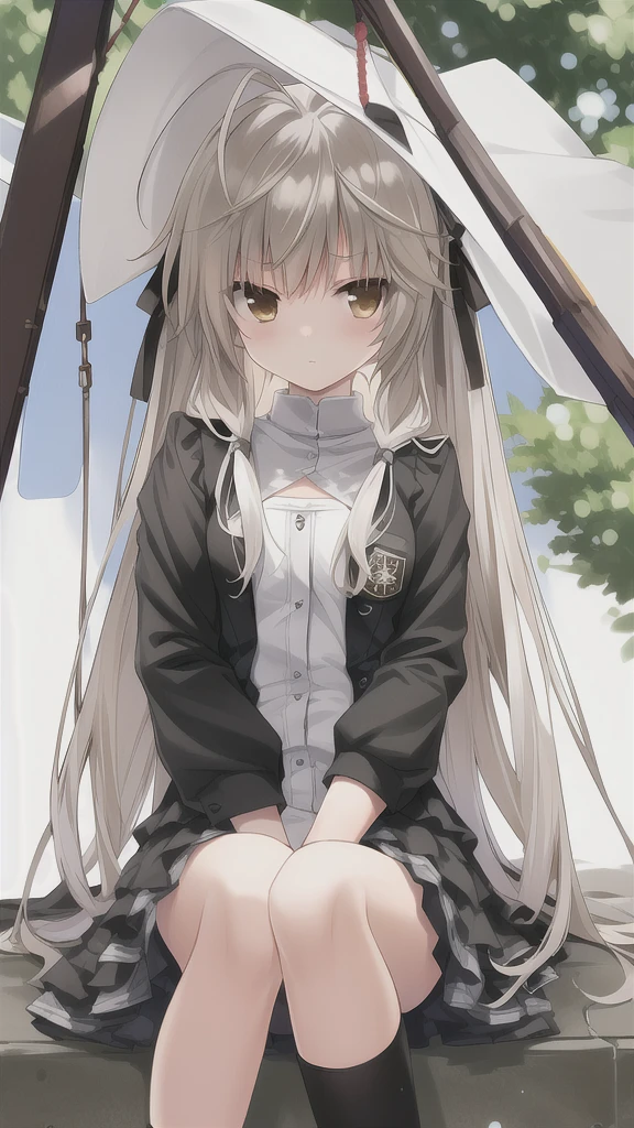 ((masterpiece:1.4, best quality)) ,Kasugano Sora,1 cool girl,Brown eyes,Plush Toys,Stuffed Animals,stuffed bunny,,Happy,eternity,Black knee-high socks Jane Shoes,Black jacket with white T-shirt,,outdoor,sunny,Japanese style small garden,sitting on the swing,Wind Chimes,Shichirika