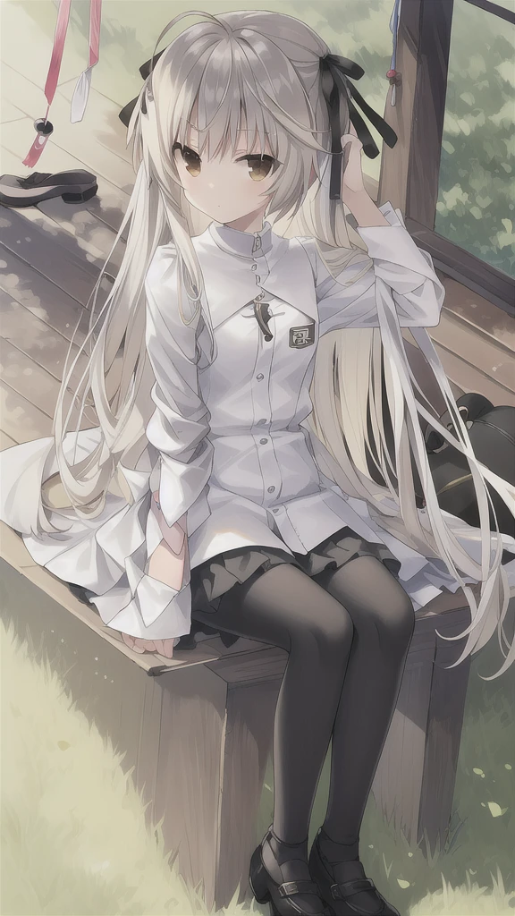 ((masterpiece:1.4, best quality)) ,Kasugano Sora,1 cool girl,Brown eyes,Plush Toys,Stuffed Animals,stuffed bunny,,Happy,eternity,Black knee-high socks Jane Shoes,Black jacket with white T-shirt,,outdoor,sunny,Japanese style small garden,sitting on the swing,Wind Chimes,Shichirika