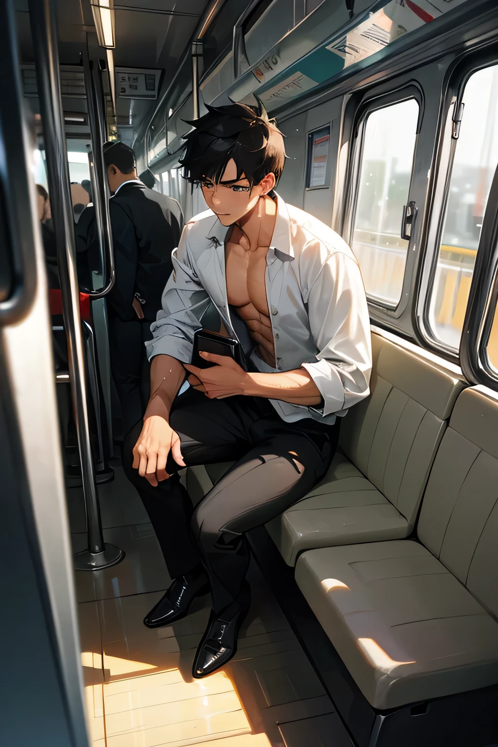 shirtless handsome manly short black hair caucasian male in open white long-sleeved shirt, the shirt is not not tucked in,the shirt is sweat-drenched, soaking wet, drenched with sweat, black pants, black leather shoes, holding a heavy briefcase on the right hand, sweating profusely, exhausted, sitting inside the train, the train is crowded with people and passengers