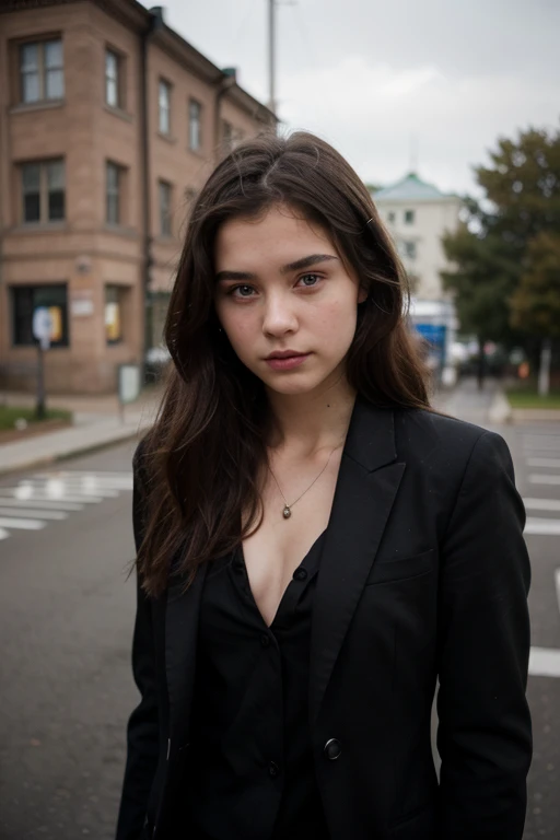 Russian girl in a black suit.