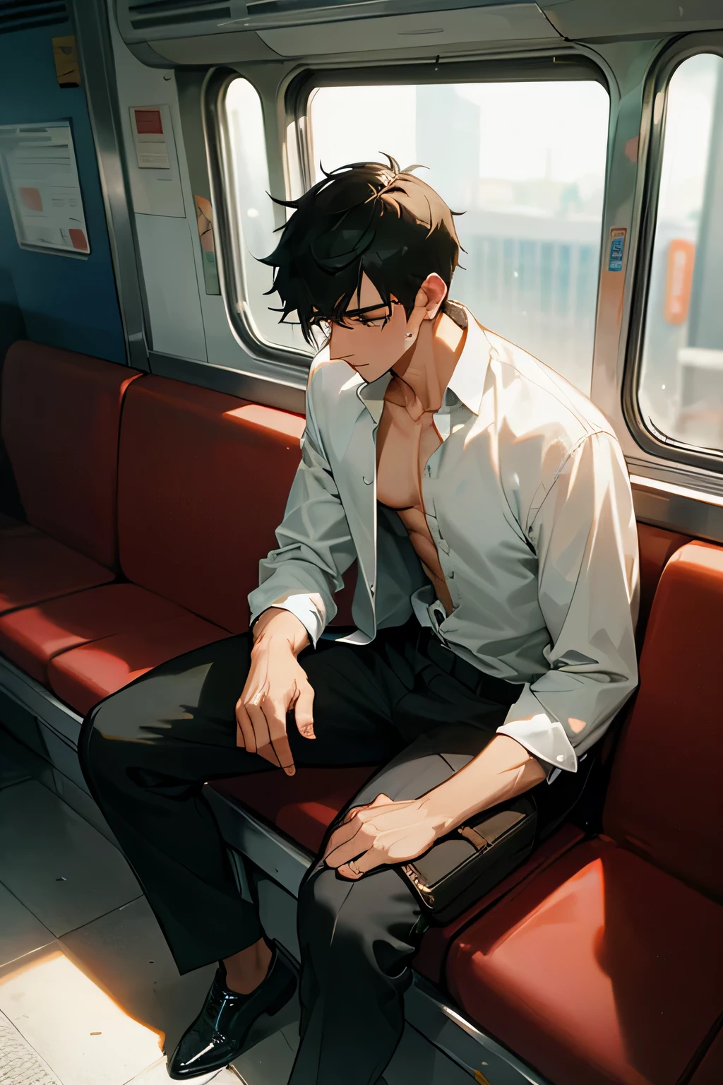 shirtless handsome manly short black hair caucasian male in open white long-sleeved shirt, the shirt is not not tucked in,the shirt is sweat-drenched, soaking wet, drenched with sweat, black pants, black leather shoes, holding a heavy briefcase on the right hand, sweating profusely, exhausted, sitting inside the train, the train is crowded with people and passengers