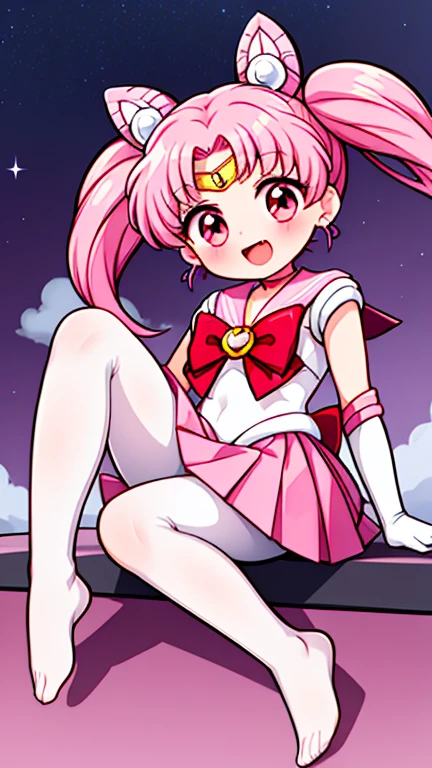Sailor Moon,young年,Seven years old,cute,(Little Loli),Pink hair twintails,short hair,Sailor Suit,Red bow,White elbow gloves,Red Skirt,No shoes,Open your mouth,laughing out loud,Fangs,(White pantyhose),soles of feet,Soles,(young),(little man),sit
