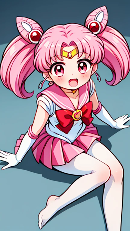 Sailor Moon，young年，Seven years old，cute，（Little Loli），Pink hair twintails，short hair，Sailor Suit，Red bow，White elbow gloves，Red Skirt，No shoes，Open your mouth，laughing out loud，Fangs，(White pantyhose),soles of feet，Soles，(young)，(little man)，sit