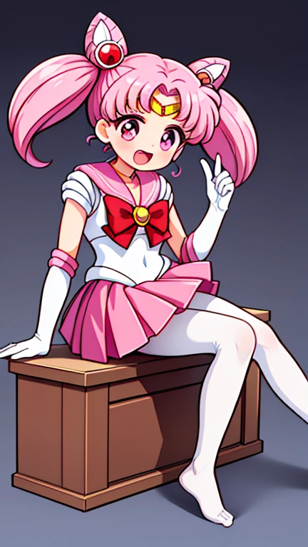 Sailor Moon,young年,Seven years old,cute,(Little ),Pink hair twintails,short hair,Sailor Suit,Red bow,White elbow gloves,Red Skirt,No shoes,Open your mouth,laughing out loud,Fangs,(White pantyhose),soles of feet,Soles,(young),(little man),sit
