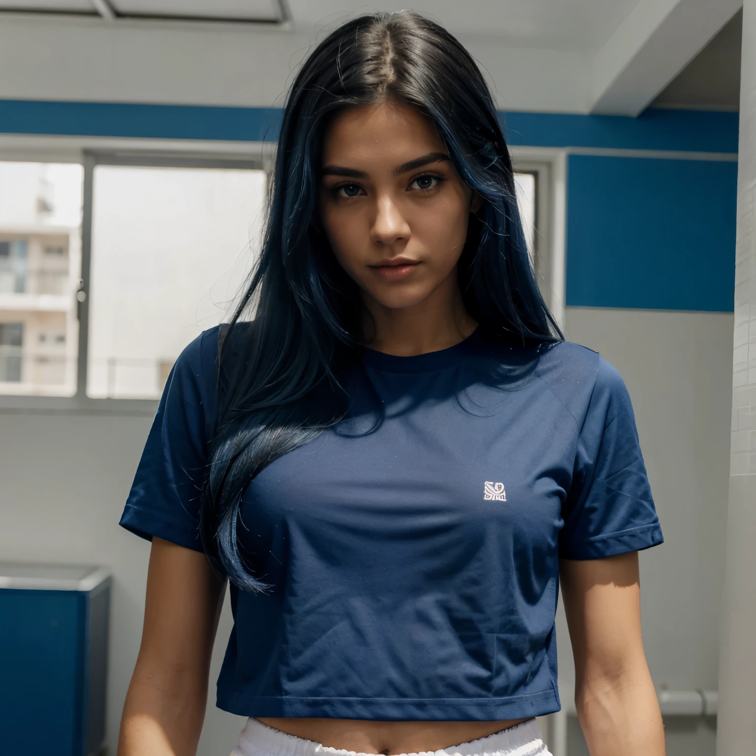 tenis azul cabelo preto olho vermelho camisa azul