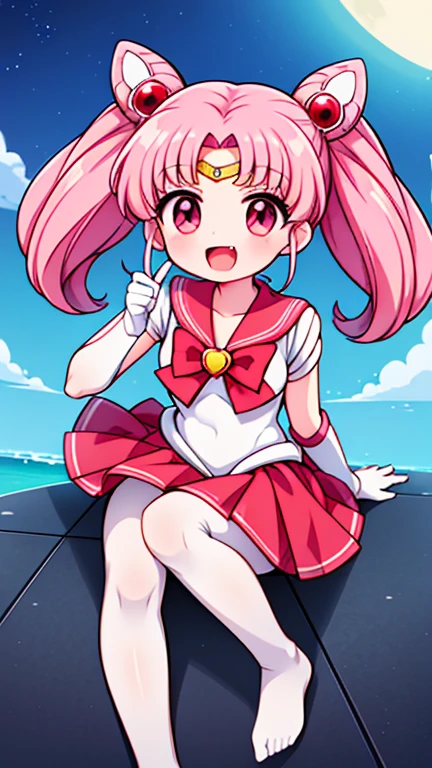Sailor Moon,young年,Seven years old,cute,(Little ),Pink hair twintails,short hair,Sailor Suit,Red bow,White elbow gloves,Red Skirt,No shoes,Open your mouth,laughing out loud,Fangs,(White pantyhose),soles of feet,Soles,(young),(little man),sit
