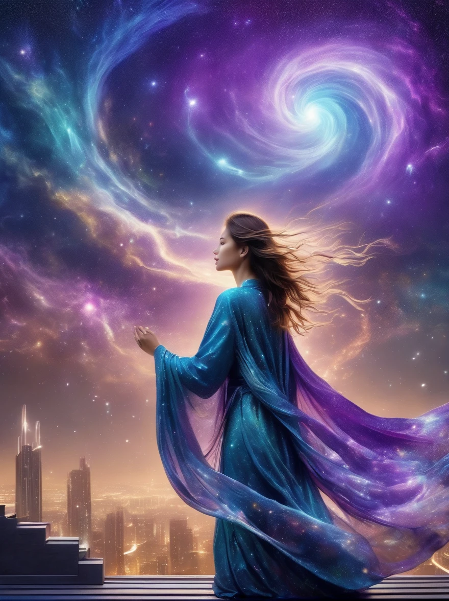 A female figure standing on the rooftop of a high-rise building,(Rooftop Focus),Surrounded by swirling currents of cosmic energy,In a dream,hazy scenery,The silhouette of a person is wrapped in flowing starlight,A flowing robe that blends in with the galaxy,The sky is a tapestry of deep purples and blues,Scattered with stars,The scenery below is of gentle rolling high-rise buildings,The scene is peaceful and sublime,Capturing the magnificent essence of the universe in a single way,Contemplative figure standing in awe