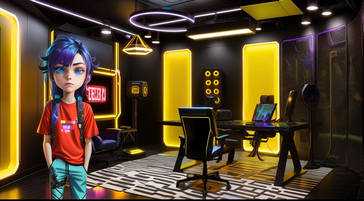 Immerse yourself in a vibrant cyberpunk gaming bedroom, adorned with captivating blue-purple neon lights that bring a futuristic atmosphere to life. Get ready for intense and action-packed gaming scenes as you focus on the large screen positioned on the left.