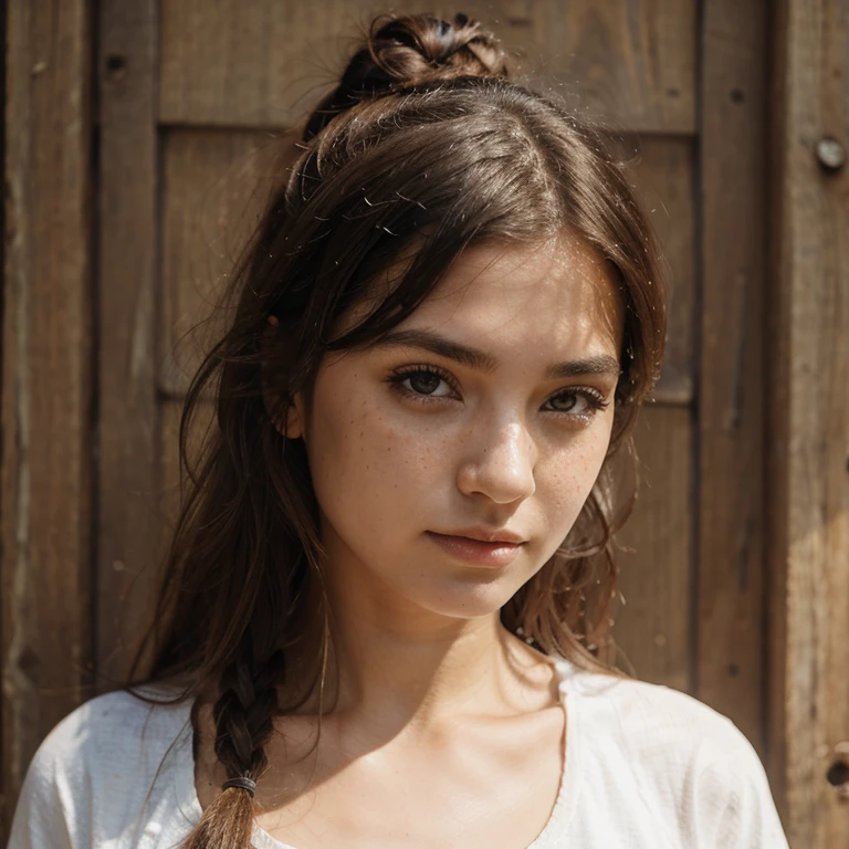 1girl, idol, close-up, collarbone, ,, photo, film, depth of field, skin texture, t-shirt, rubber band, topknot, long hair, messy hair, freckles,