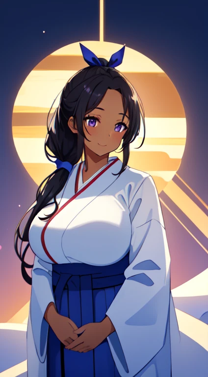 masterpiece, best quality, anime Illustration, 4k, 1 girl, solo, standing, long hair, black hair, violet eyes, high ponytail, blue hair ribbon, blue ribbon, blue hakama and white kimono, big breasts, huge breasts, looking_at_viewer, motherly smile, upper_body, dark skin, ((Village background:1.0)), ((dark skin: 1.5)), , ((parted bangs: 1.4)),  parted bangs, large forehead, purple eyes