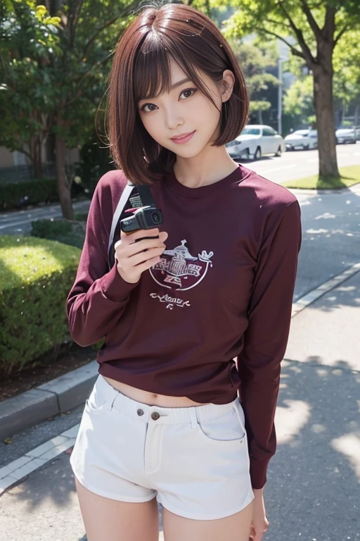 cute japanese college student、21 years old、Super detailed face、Attention to detail、double eyelid、Beautiful thin nose、Sharp focus:1.2、Beautiful woman:1.4、(Maroon brown hair、Short Hair)、(Detailed facial features)、Brunette eyes、natural bangs、White skin、highest quality、masterpiece、超A high resolution、(Photorealistic:1.4)、Highly detailed and professionally lit smile、looking at the camera、Medium Bob Hair、Bright lighting、Professional Lighting、Smooth lighting、One person is standing、(Long sleeve cycling jersey), (Berry Shorts)、(Outdoor)、hot pants