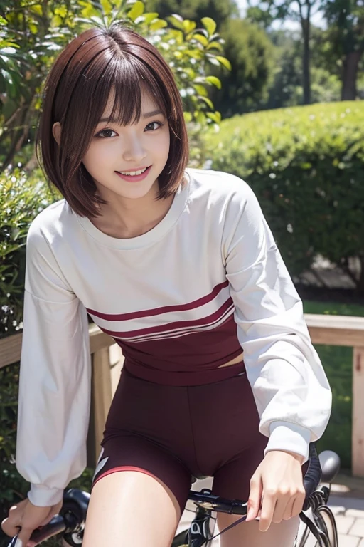 highest quality、Inside the gym、Wood Grain Floor、Wood grain wall、Woman sitting on the floor、Cute face、smile、Red badminton wear、White shorts、Short Hair、Black Hair