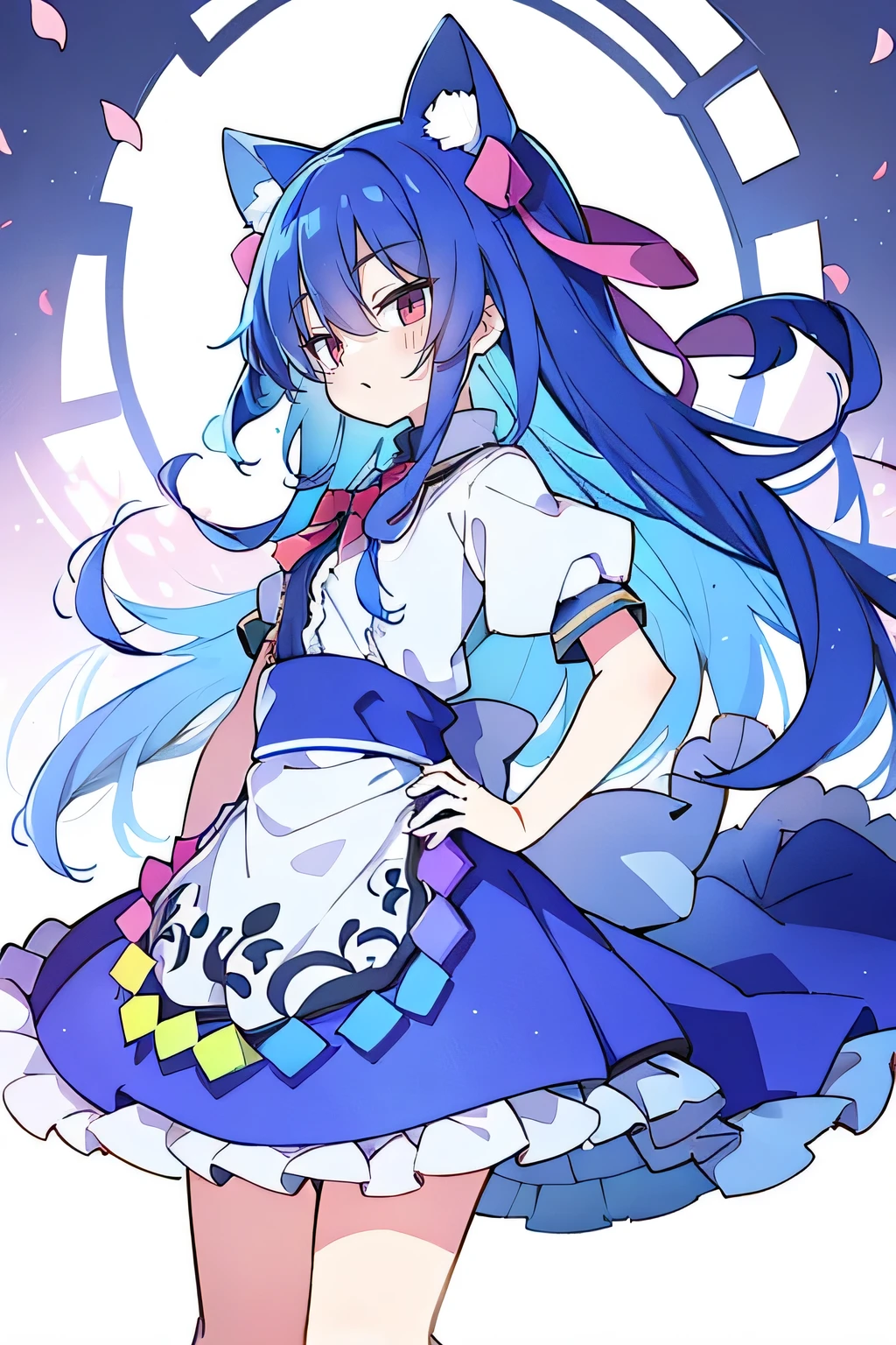 (masterpiece),best quality, expressive eyes, perfect face, 1girl,
Put your hands on your waist,fair, Gorgeous,Japanese cartoons,girl,lola,Hina Angel, blue hair, blue haired, floating clothes,Grab your waist, Grab your waist, hands on hips , hands on hips,sit, sit on ground, Legs on the ground, flat chest,cat ears,Petals fall,Sitting in the summerhouse,summerhouse,