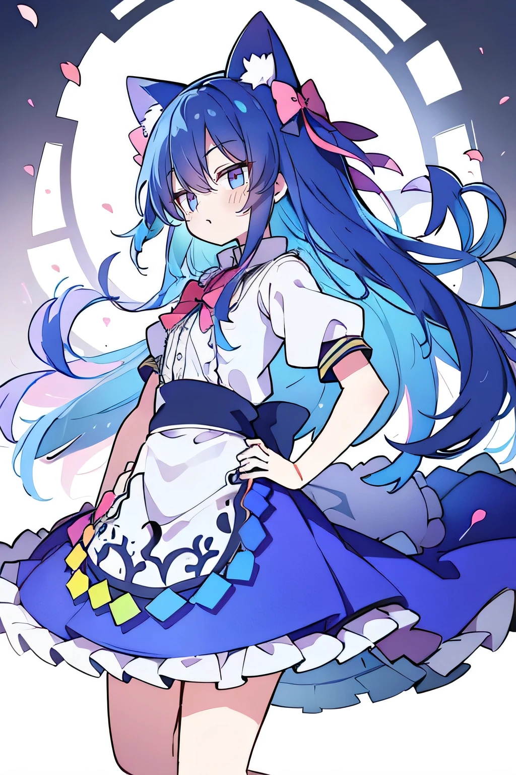 (masterpiece),best quality, expressive eyes, perfect face, 1girl,
 Put your hands on your waist,fair, Gorgeous,Japanese cartoons,girl,lola,Hina Angel, blue hair, blue haired, floating clothes,Grab your waist, Grab your waist, hands on hips , hands on hips,sit, sit on ground, Legs on the ground, flat chest,cat ears,Petals fall,Sitting in the summerhouse,summerhouse,