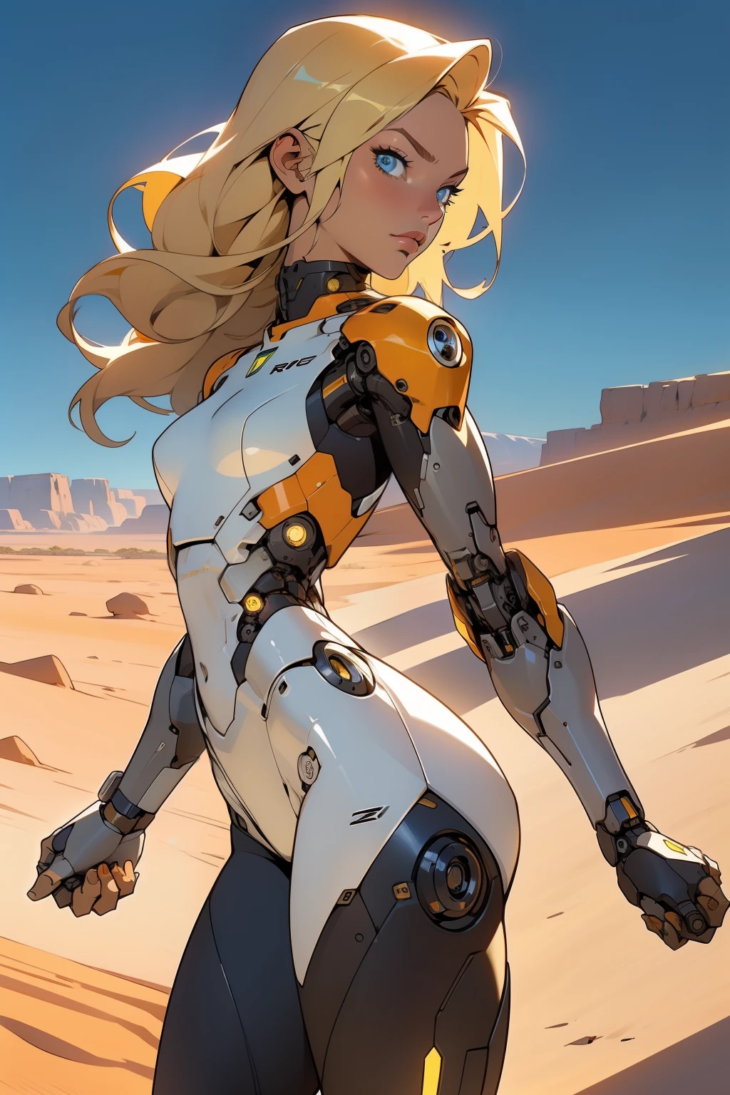 high quality, 4k, masterpiece, beautiful, cyborg girl, cowboy shot, blue eyes, back side, turning around to look at viewer, long blonde hair, girl, small breasts, fit thighs, robotic arms, robotic body, cyborg body, white & yellow uniform, orange accent, intricate detail, joint, detailed lines, robotic detail, holding fist up, holding hand up as fist, color robotic parts, robotic parts with color, perfect fingers, on a desert planet, sunny background, colorful desert, a river or a lake in the background, slender thighs, skinny thighs,