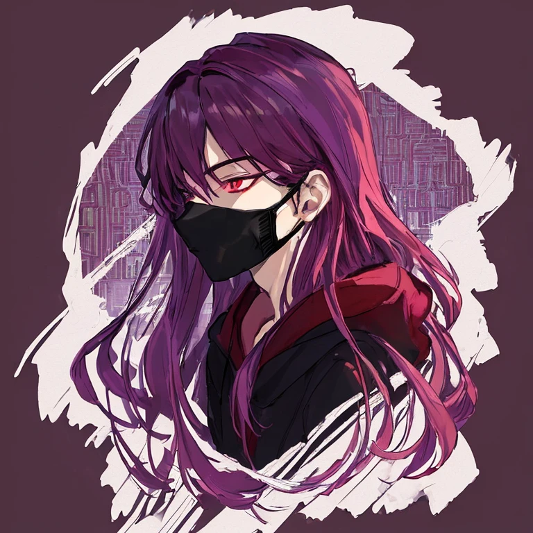 ((best quality)), ((masterpiece)), (detailed), boy, man, male, perfect face,long wavy purple with a red at the bottom of hair color, sharp eyes, dark red eyeballs, wearing a cyber masker, wearing a black mix purple hoodie color, profile picture, dark light background.
