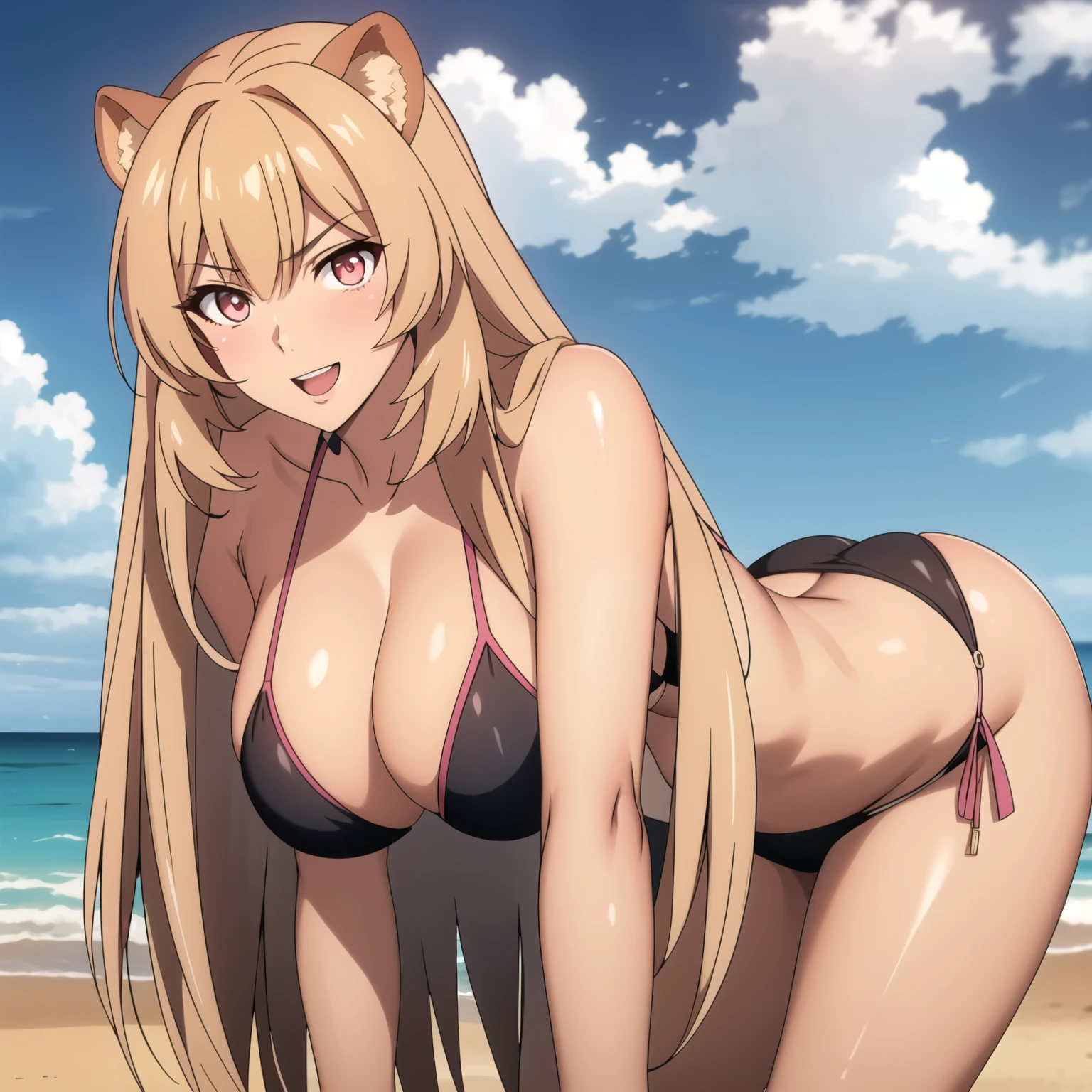Raphtalia woman 24 years old blonde hair with pink tips, orejas de oso, ojos rojos, piel morena, piel bronceada. piel grasa, pechos grandes , bikini rosado, accesorios, sonrisa, fondo una playa, cuerpo completo. manos perfectas.