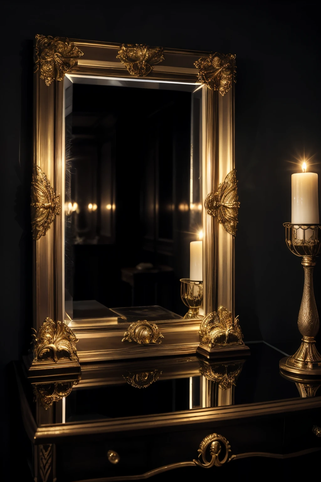 Title: "Reflections of Fear in the Shadowy Sail"
In the dimly lit room, an elegant Spanish woman named Isabella, adorned with curly chestnut hair and a captivating esprit, stands before an ornate mirror. The mirror, with its antiquated gold accents and velvet backing, casts back an eerie reflection of her visage. The room, shrouded in darkness, is only illuminated by the flickering light of a single, old-fashioned candle upon a wooden table.
Isabella's reflections in the mirror, mirroring the room's ominous ambiance, reveal the fear and une