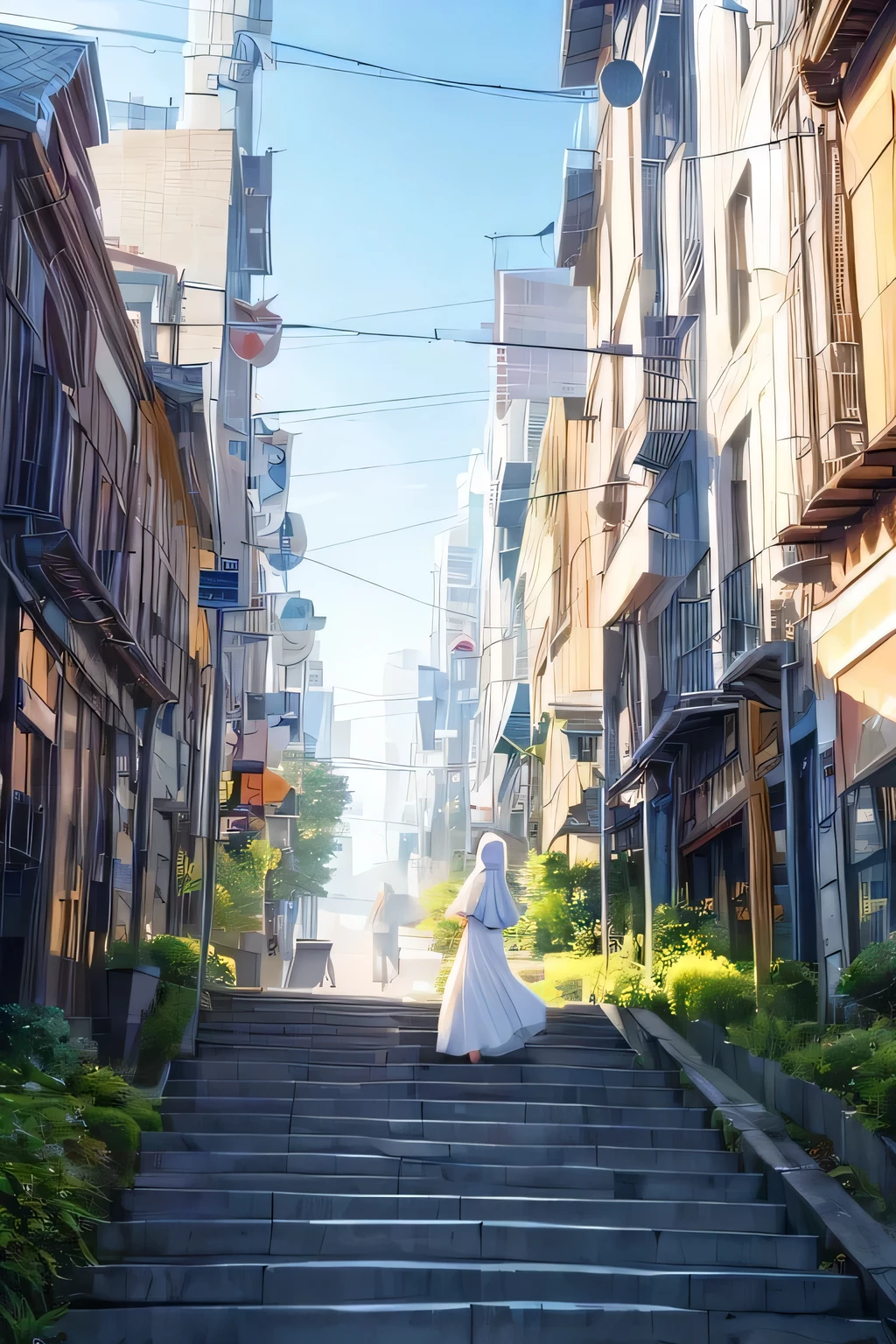 super long dress, long dress, dress reached to the ground, extremely long dress, hijab girl, white hijab, hijab, long dress, white dress, no foot, foot covered, long veil, simple dress, white dress, behind view, back view