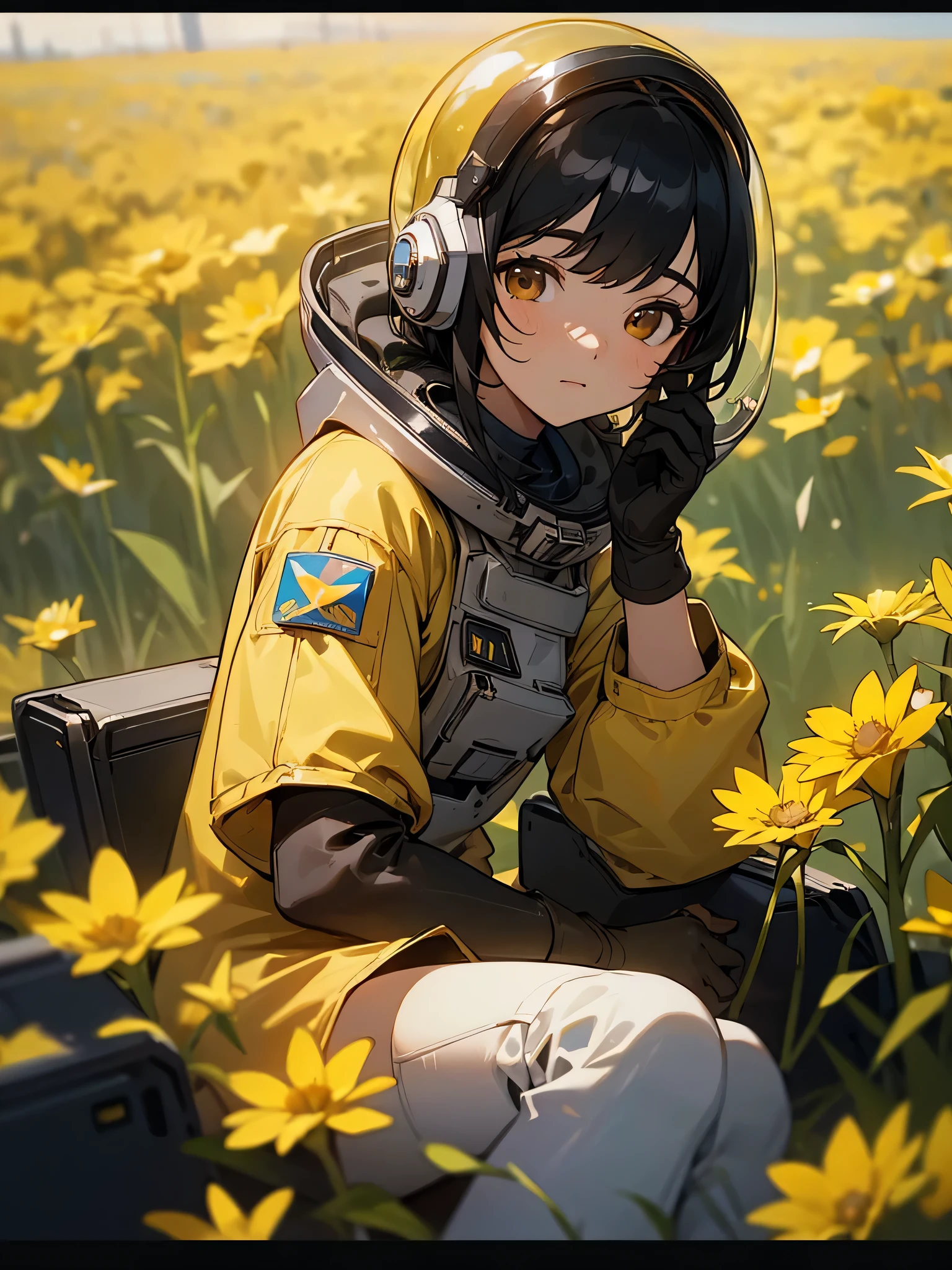 (masterpiece, best quality),cinematic composition, letterboxed, depth of field, solo focus, astronaut sitting in a field of yellow flowers with resting on the ground, gloves, yellow flower, black gloves, spacesuit, science fiction, sunlight, black hair, brown eyes, looking at viewer, korean