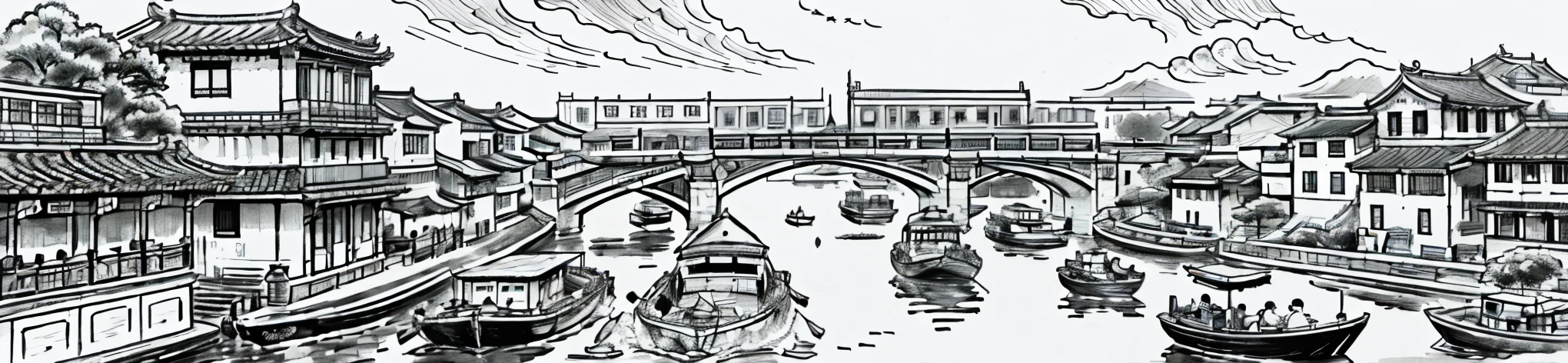 only black and white clour drawing of a river with boats and buildings in it, cg society contest winner, modern european ink painting, chinese brush pen illustration, dreamy chinese town, detailed art, highly detailed illustration, traditional korean city, highly detailed ink illustration, detailed ink illustration, detailed sumi-e illustration