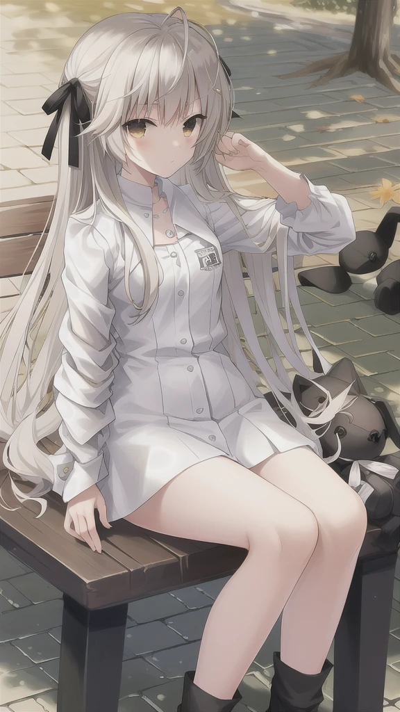 ((masterpiece:1.4, best quality)) ,Kasugano Sora,1 cool girl,Brown eyes,Plush Toys,Stuffed Animals,stuffed bunny,,Happy,eternity，Black knee-high socks Jane Shoes，Black jacket with white T-shirt，White scarf，autumn，Sit on a park bench，drinking milktea