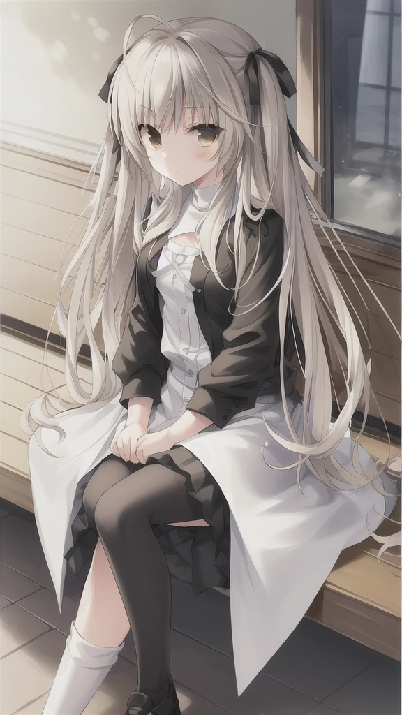 ((masterpiece:1.4, best quality)) ,Kasugano Sora,1 cool girl,Brown eyes,Plush Toys,Stuffed Animals,stuffed bunny,,Happy,eternity,Black knee-high socks Jane Shoes,Black jacket with white T-shirt,White scarf,autumn,Sit on a park bench,drinking milktea