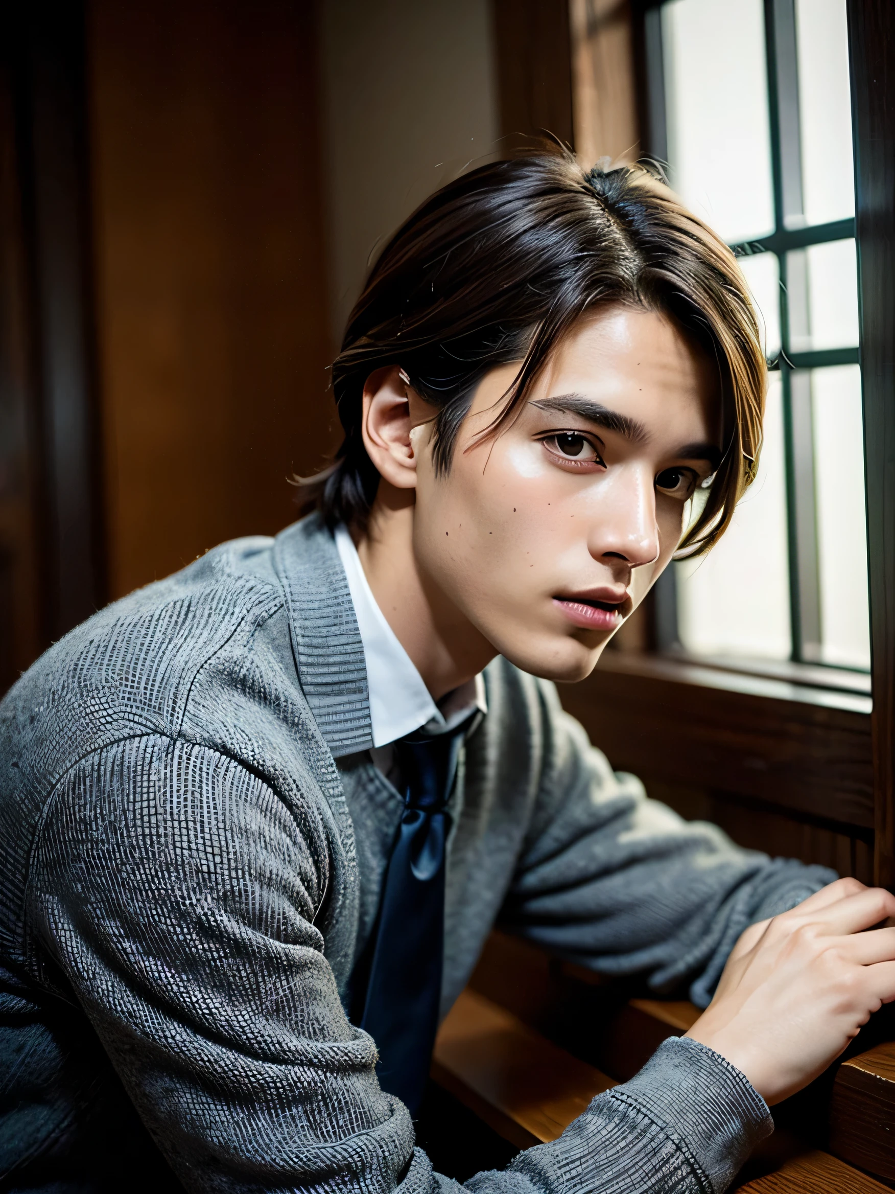 Arafed young man in gray shirt and tie looking at camera., modelo bien cuidado, corte de pelo moderno, Adolescente masculino, hombre joven con longitud media, pelo corto en la parte superior de su cabeza, estilo premiado, peinado recto, hermosa joven modelo, disparo a la cabeza photograph, brown hair combined with side parting, lindo joven, disparo a la cabeza