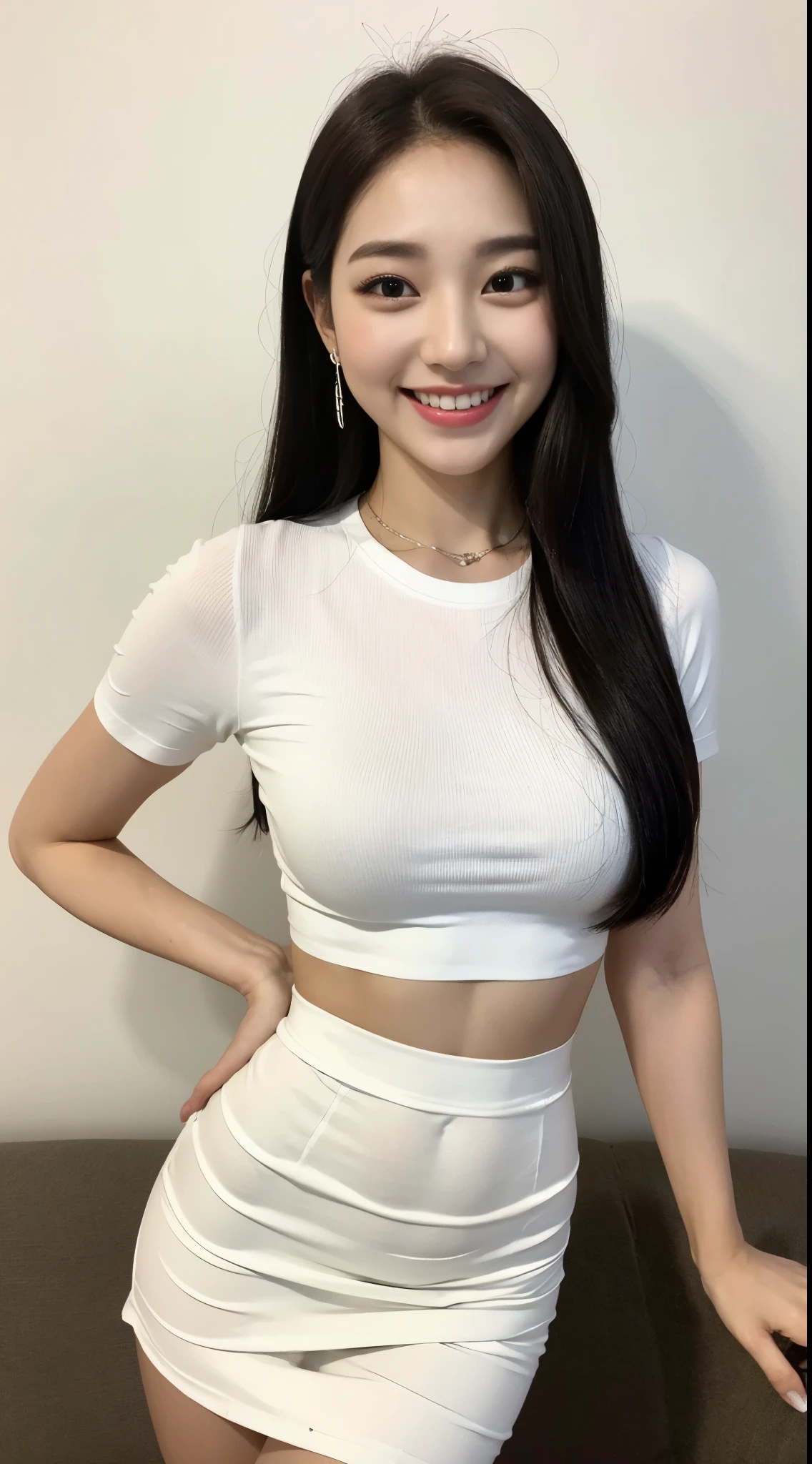 White tight shirt、White tight mini skirt、bed、smile、Short sleeve、high resolution、Korean idol face、double eyelid、White teeth