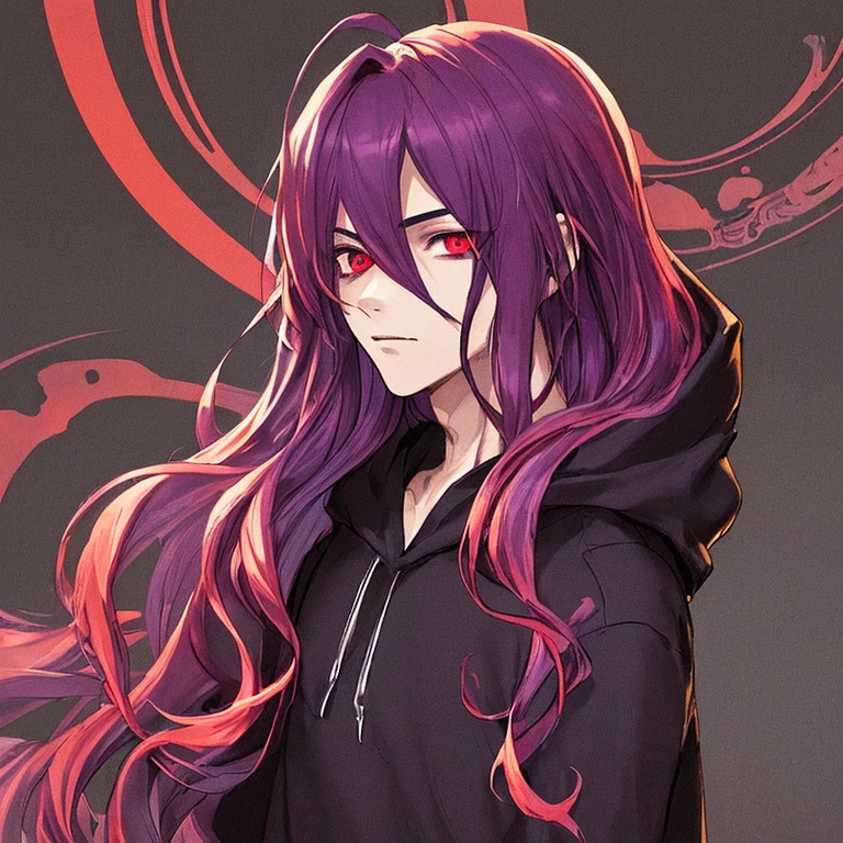 ((best quality)), ((masterpiece)), (detailed), boy, man, male, perfect face,long wavy purple with a red at the bottom of hair color, sharp eyes, dark red eyeballs, wearing a cyber masker, wearing a black mix purple hoodie color, profile picture, dark light background.