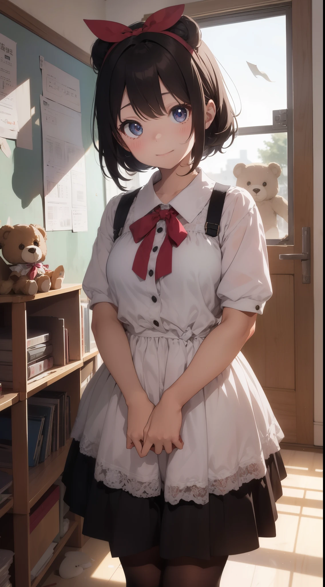 teens girl:Wearing a dress with lots of pink ruffles and lace、Hair is black and bob、He wears a large red ribbon on his head.、Her eyes are blue and have a big, innocent expression、Stuffed bear dragging background:In the classroom of the school、Wallpaper and paintings are peeling off、Dust and debris are piling up on the floor、Lights are falling from the ceiling、Perching above the girl's head、The walls of the room are coming towards the girl:The room is about to collapse due to the impact of the lights falling.、The ghost on the wall of the room is distorted, as if trying to swallow a girl、The girl despite the critical situation、Smiling as if he is calm