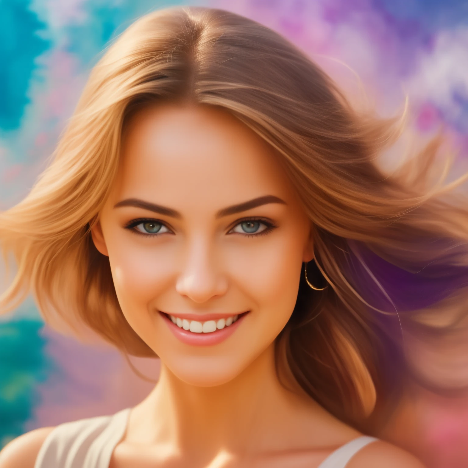 Blonde smiling strolling in the mall, shops in the background. The image should show radiant beauty and convey an aura of serenity and introspection. Painting with cinematic quality, colorful, with vibrant and well-defined colors, exceptional colors in 8K, highlighting every detail, revealing the perfection of the character's facial expression.