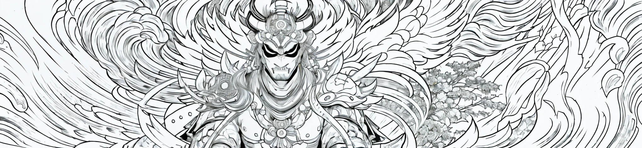 a black and white drawing of a shinto gods with a oni mask on his head, asura from chinese myth, japanese god, hyper detailed line art, detailed bushido form smoke, high detailed official artwork, line art illustration, demon samurai warrior, clean detailed art, black ink line art, japanese art on behance, samurai with demon mask, black and white vector art